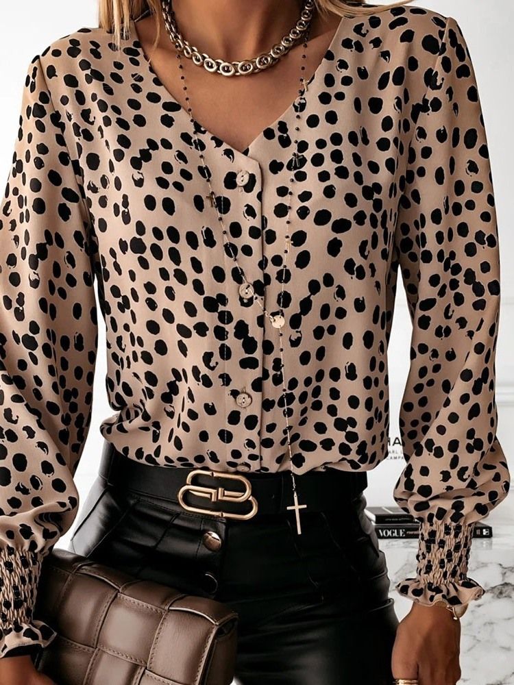 Polka Dots Patchwork V-Hals Langermet Standard Kvinners Bluse