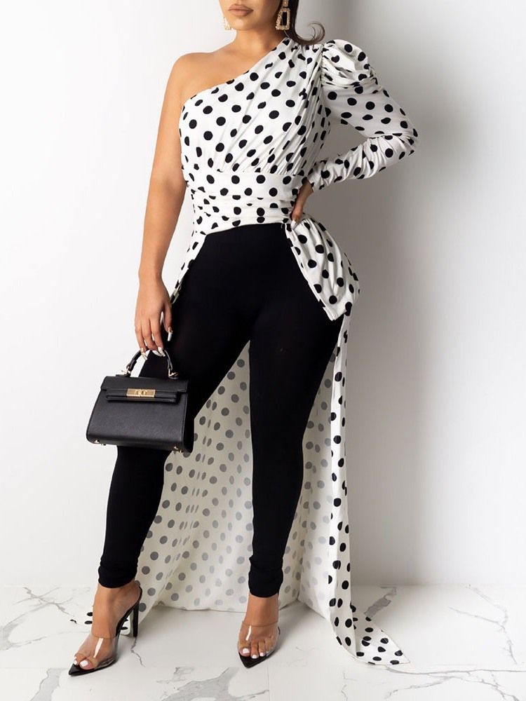 Polka Dots Print Asymmetry Lang Bluse For Kvinner