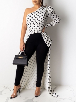 Polka Dots Print Asymmetry Lang Bluse For Kvinner