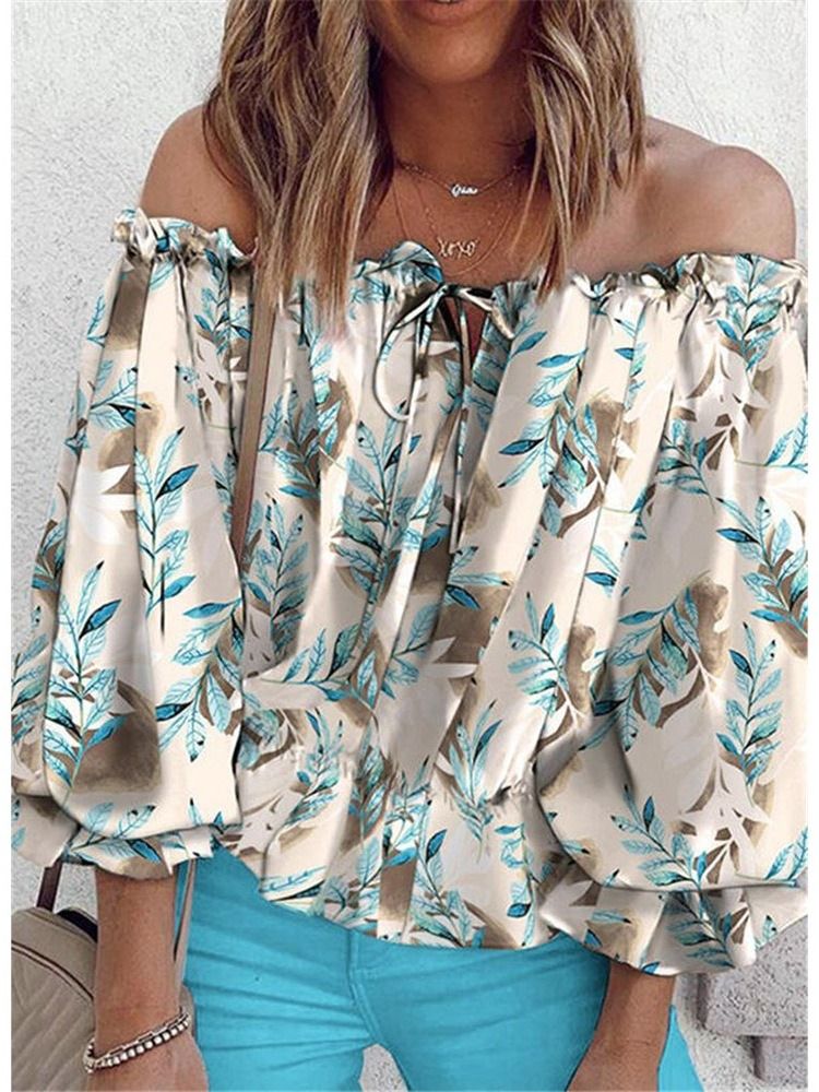 Print Floral Off Shoulder Mid-Lengde Ni Poengs Ermet Damebluse