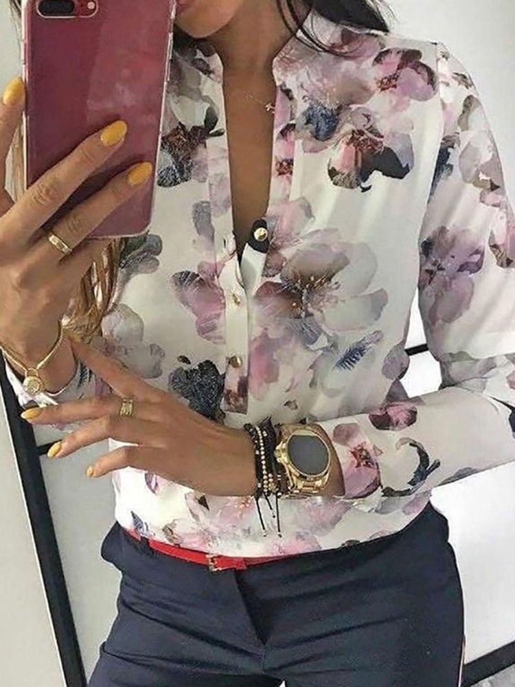 Print Stand Collar Color Block Button Bluse