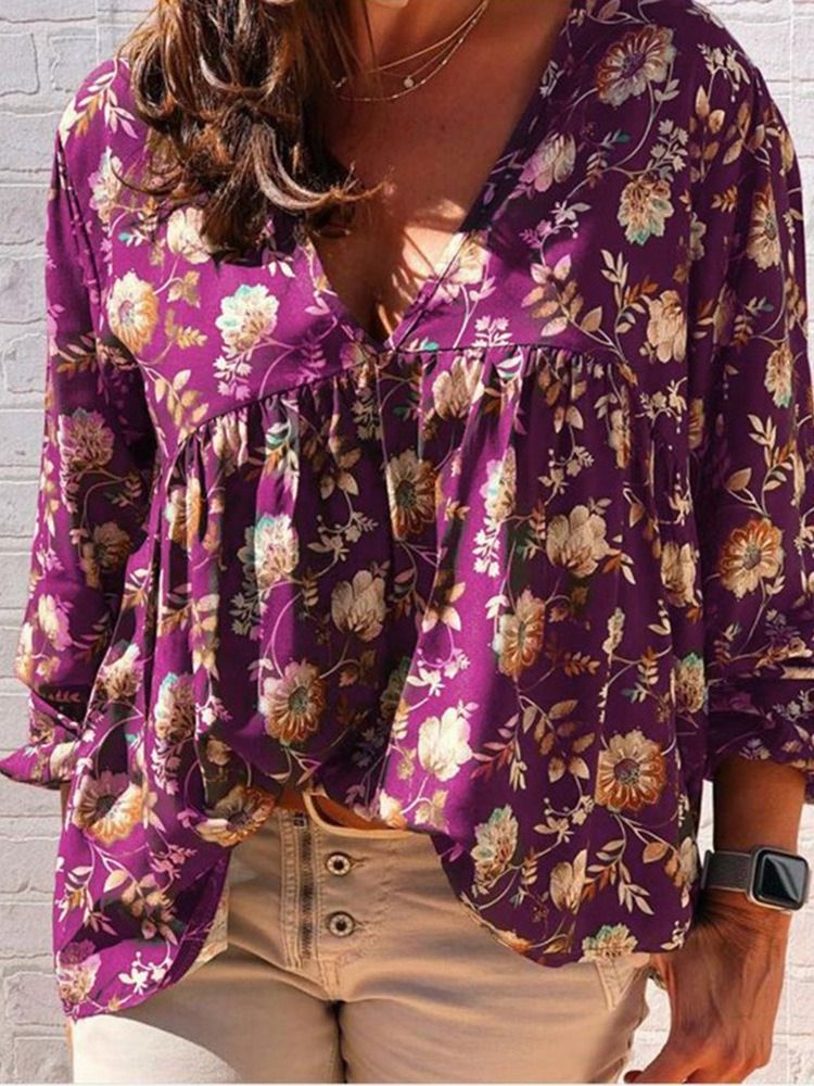 Print V-Hals Floral Standard Langermet Damebluse