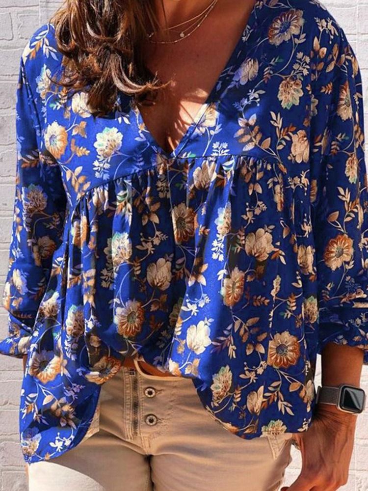 Print V-Hals Floral Standard Langermet Damebluse