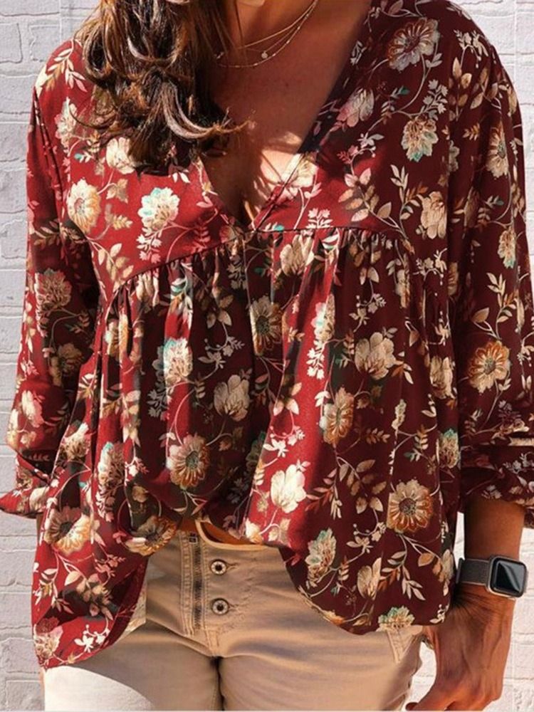 Print V-Hals Floral Standard Langermet Damebluse