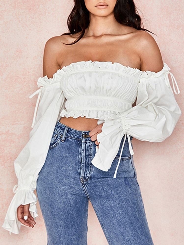 Snøring Vanlig Off Shoulder Kort Langermet Hvit Bluse For Kvinner