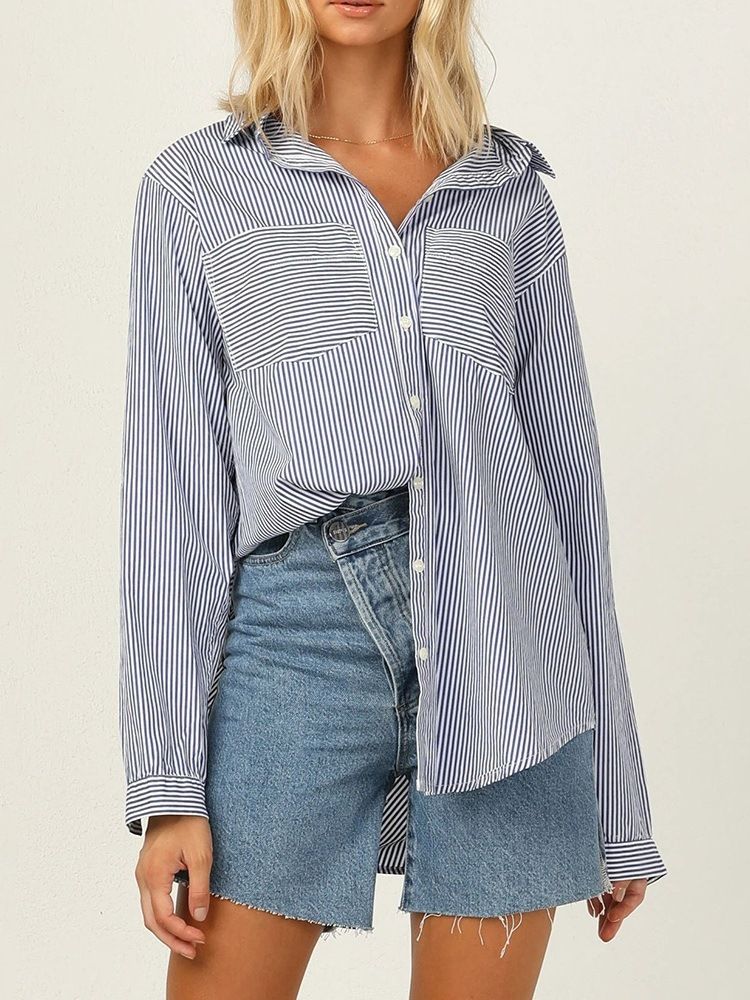 Stripe Lapel Regular Mid-Length Langermet Bluse