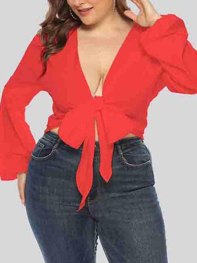 V-Hals Bowknot Lanterne Ermet Langermet Kort Damebluse