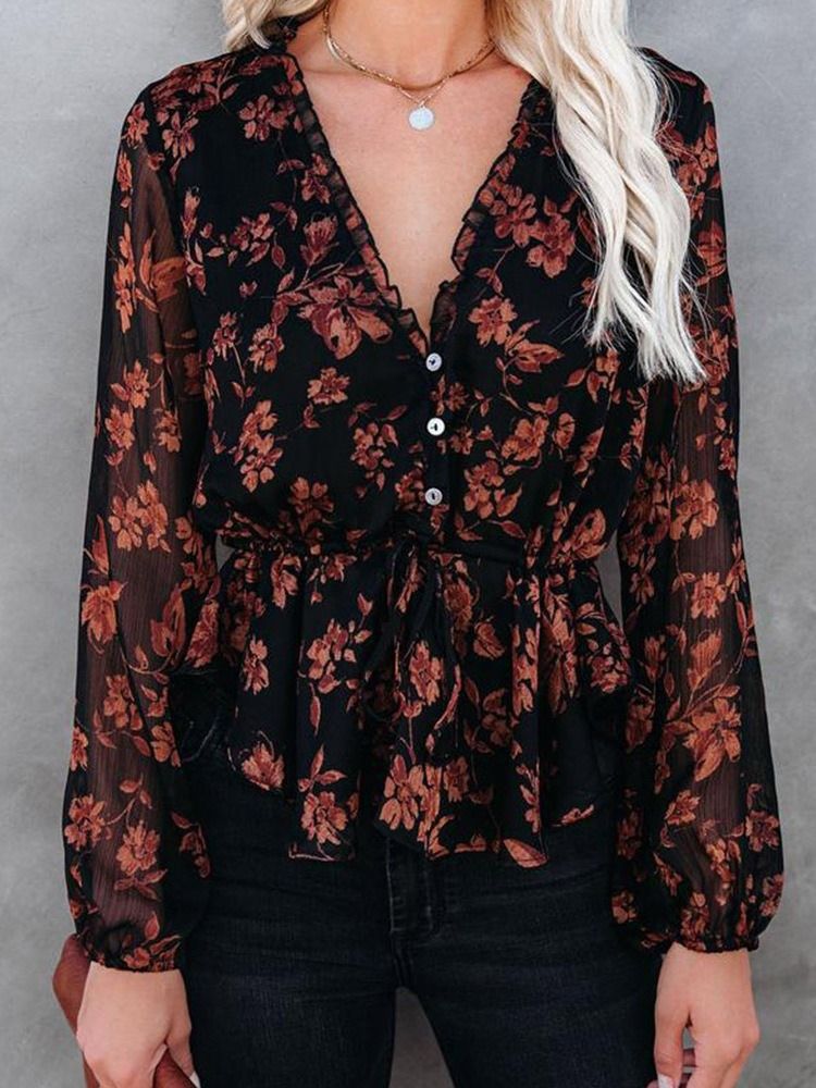 Vanlig Blomsterblouse Med Lange Ermer Standard Damebluse