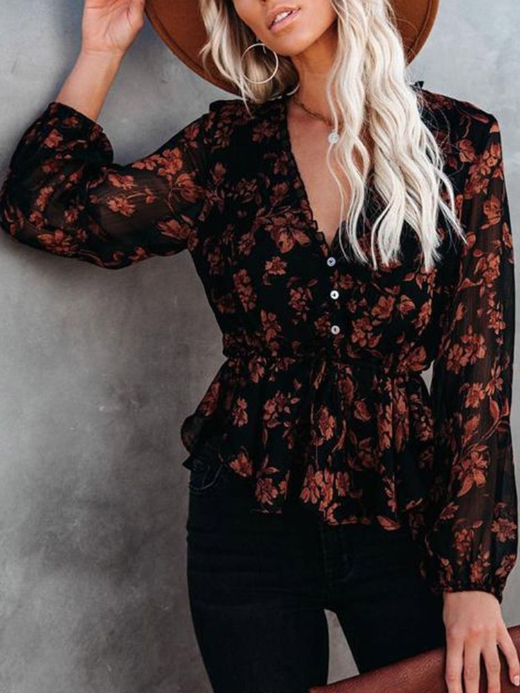 Vanlig Blomsterblouse Med Lange Ermer Standard Damebluse