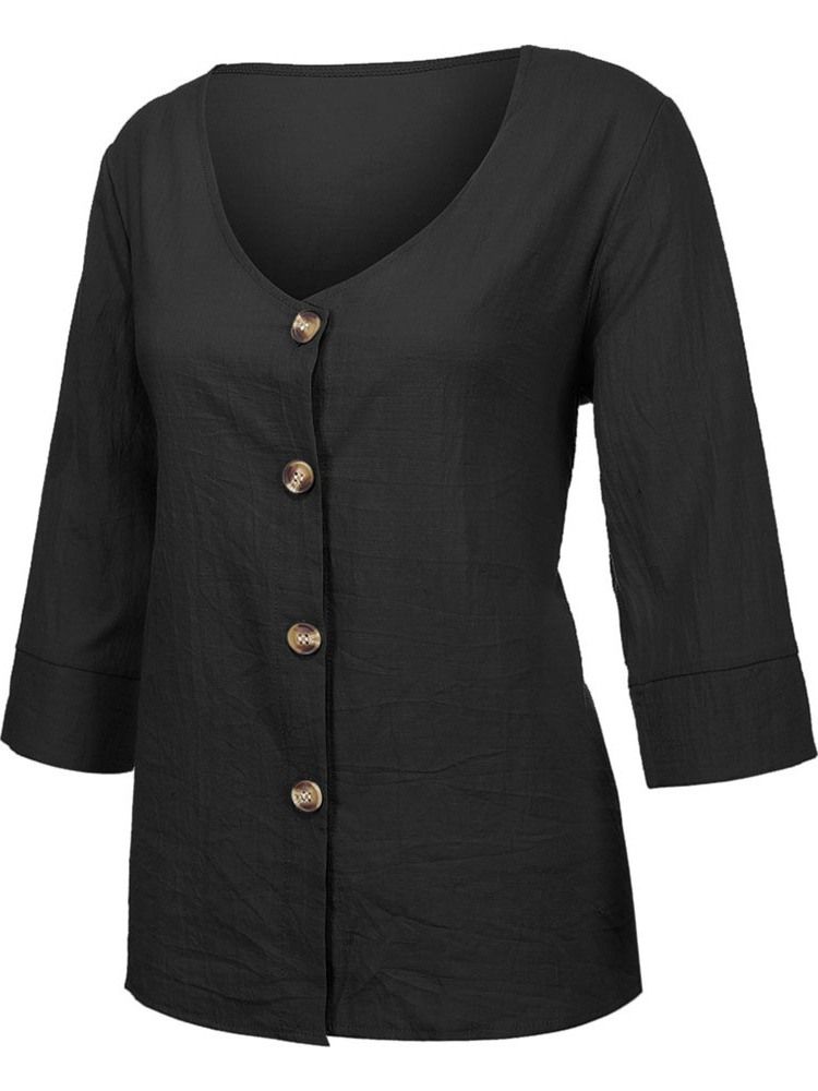 Vanlig V-Hals Knapp Med Trekvart Erme Standard Damebluse