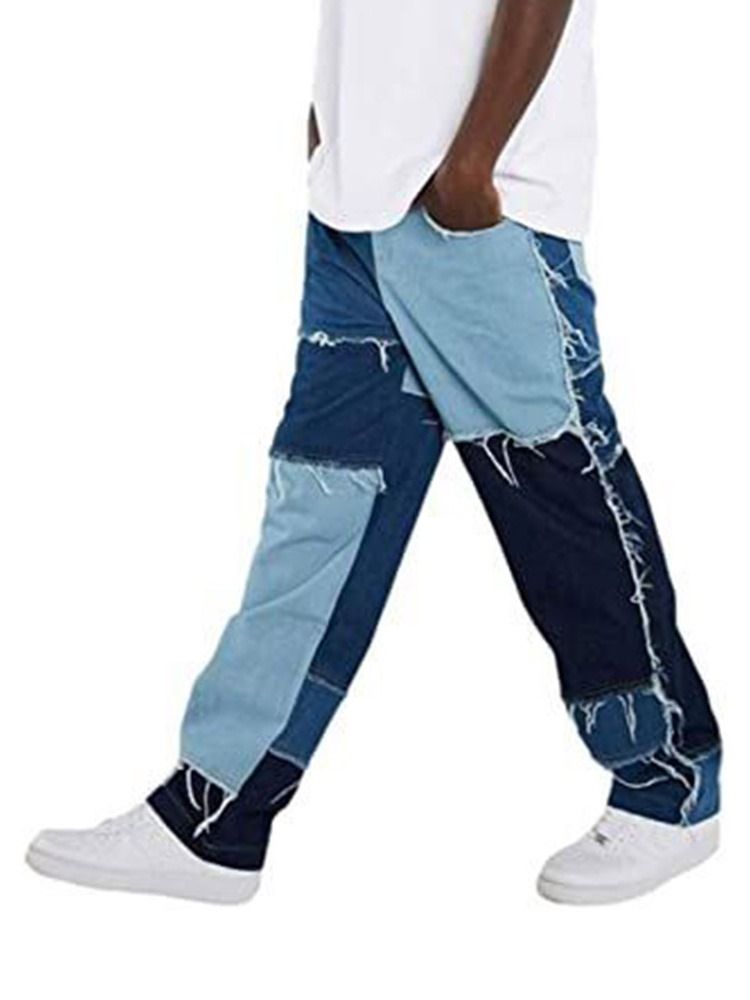 Color Block Patchwork Hip Hop Glidelås Jeans For Menn