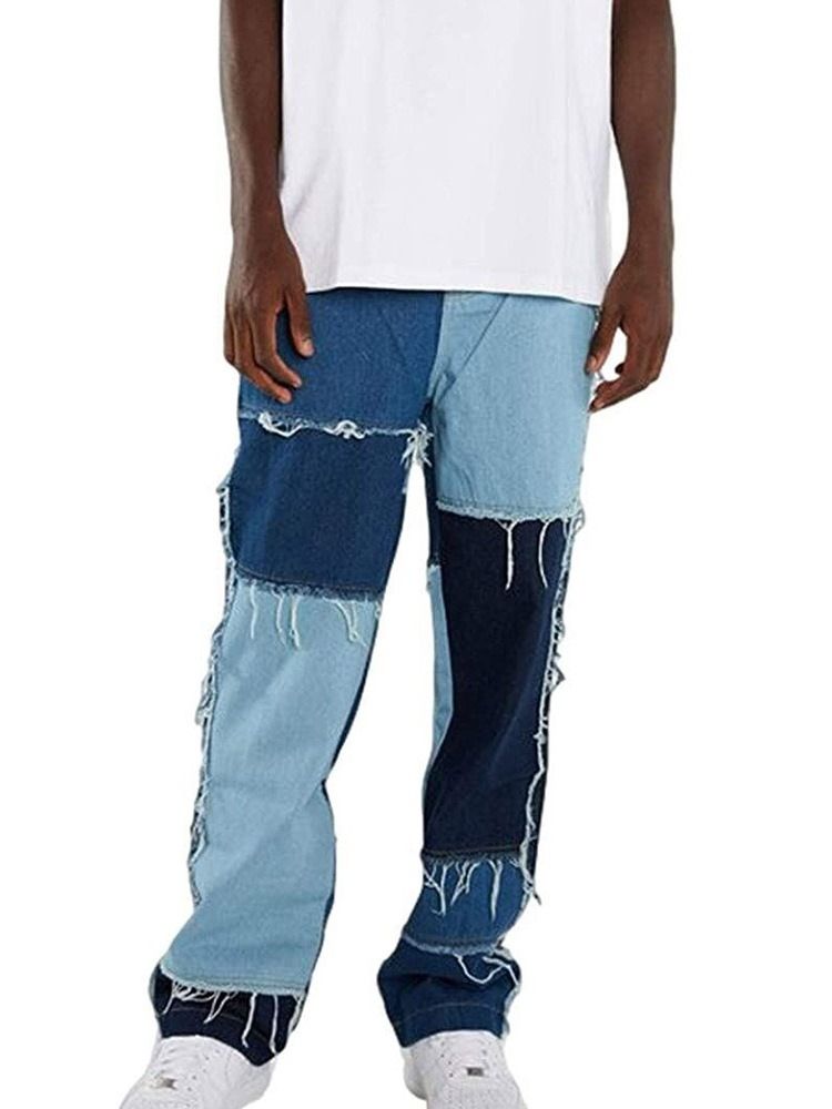 Color Block Patchwork Hip Hop Glidelås Jeans For Menn