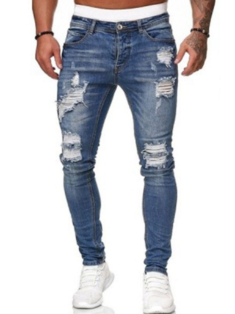 Hull Pencil Bukser Vanlig Lys Glidelås Mid Waist Menns Jeans