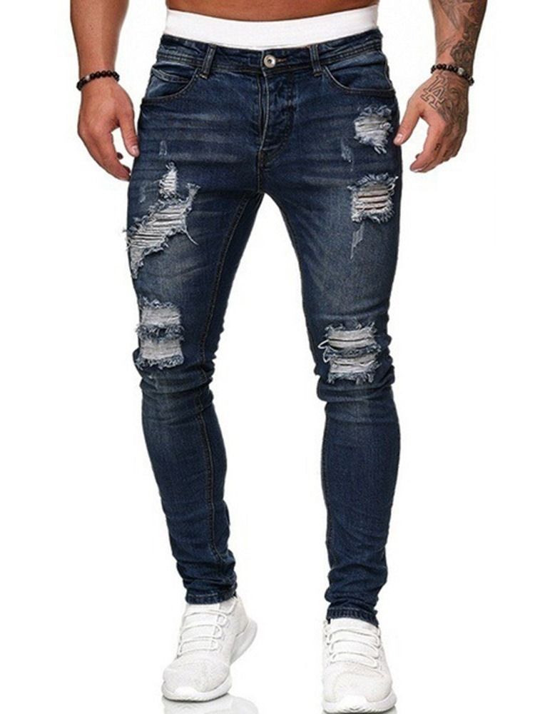 Hull Pencil Bukser Vanlig Lys Glidelås Mid Waist Menns Jeans