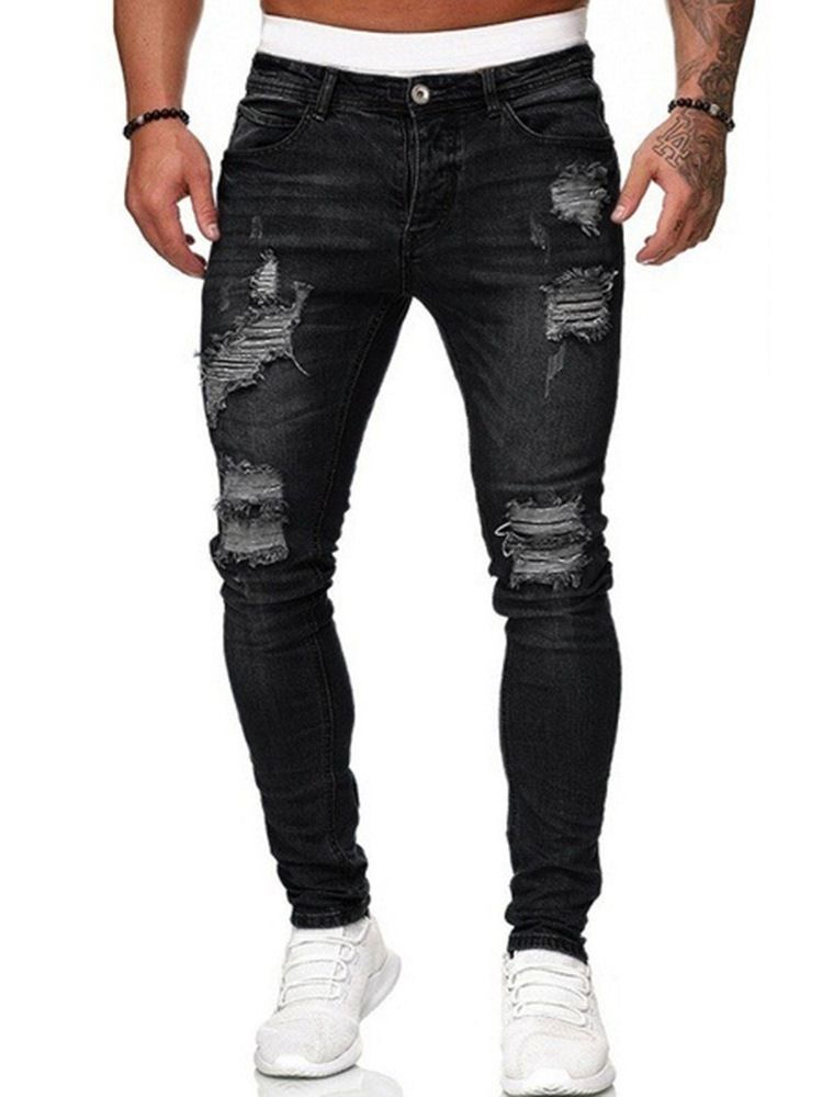 Hull Pencil Bukser Vanlig Lys Glidelås Mid Waist Menns Jeans