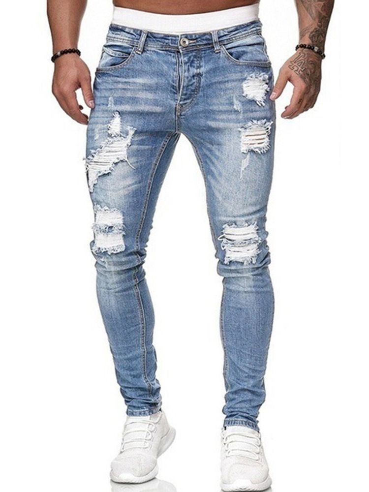 Hull Pencil Bukser Vanlig Lys Glidelås Mid Waist Menns Jeans