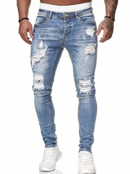 Hull Pencil Bukser Vanlig Lys Glidelås Mid Waist Menns Jeans