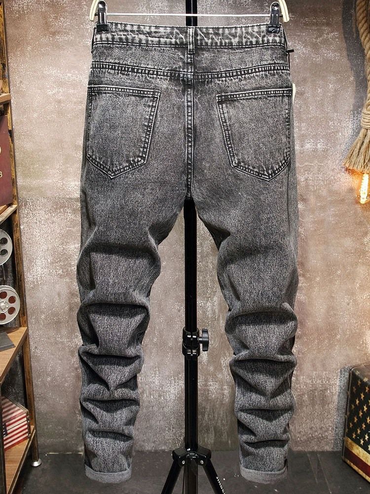 Hull Rett Vanlig Glidelås Mid Waist Menns Jeans