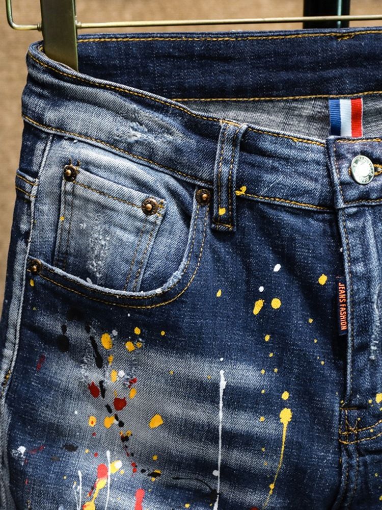 Paint Splatters Blyant Bukser Glidelås Mid Waist Jeans