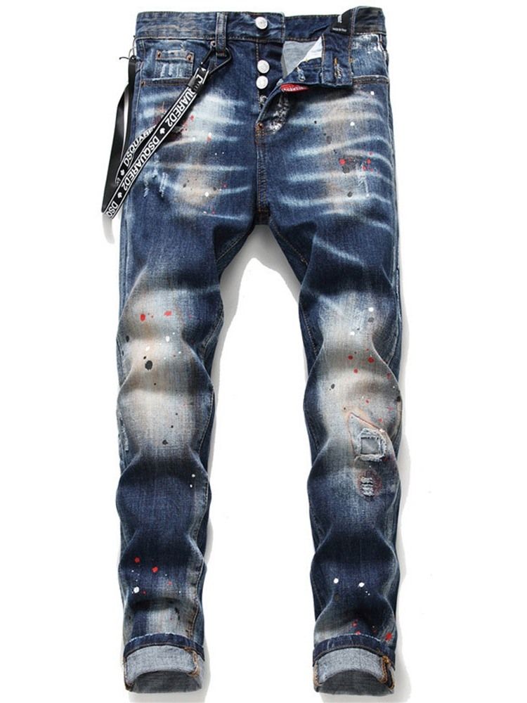 Paint Splatters Straight Mid Waist Button Jeans