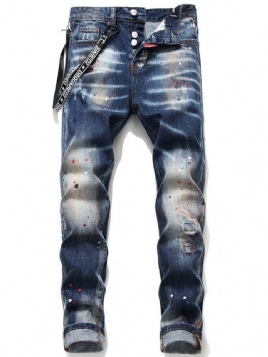 Paint Splatters Straight Mid Waist Button Jeans