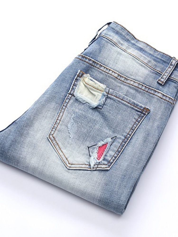 Patchwork Lyseblå Plisserte Menn Casual Jeans