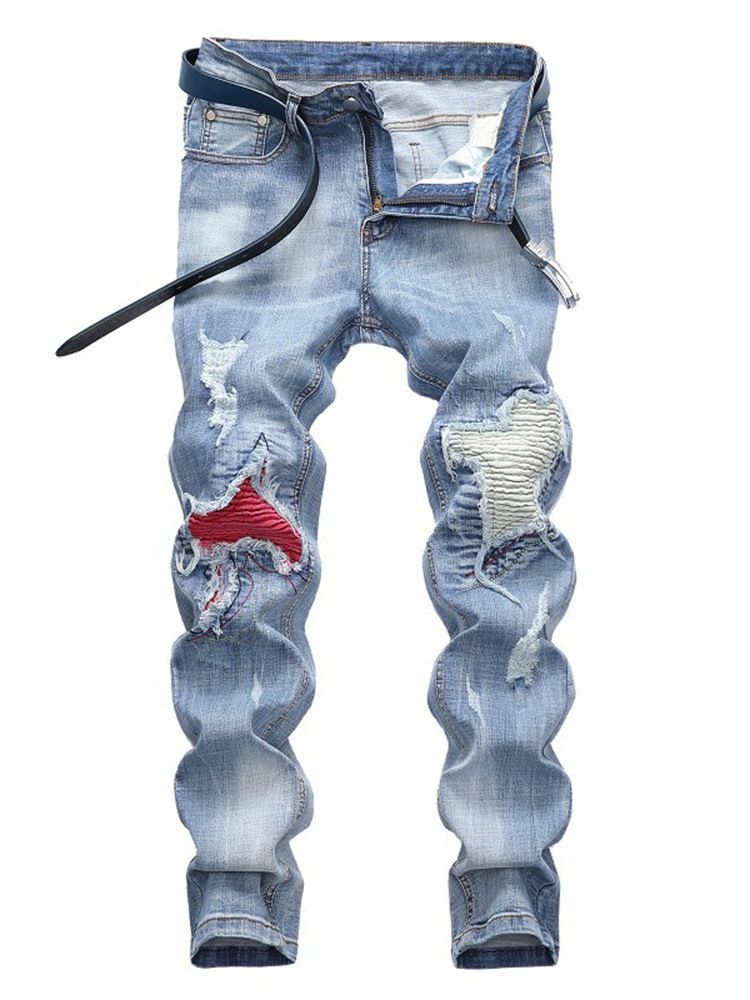 Patchwork Lyseblå Plisserte Menn Casual Jeans