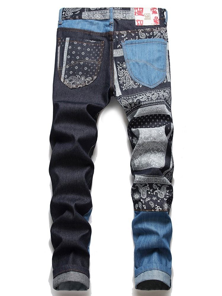 Patchwork Straight Floral Zipper Mid Waist Jeans