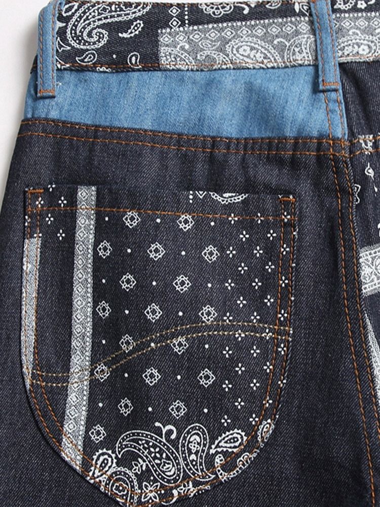 Patchwork Straight Floral Zipper Mid Waist Jeans