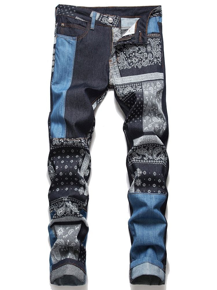 Patchwork Straight Floral Zipper Mid Waist Jeans