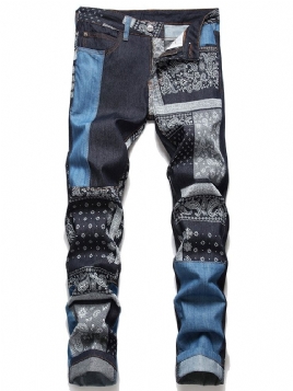 Patchwork Straight Floral Zipper Mid Waist Jeans