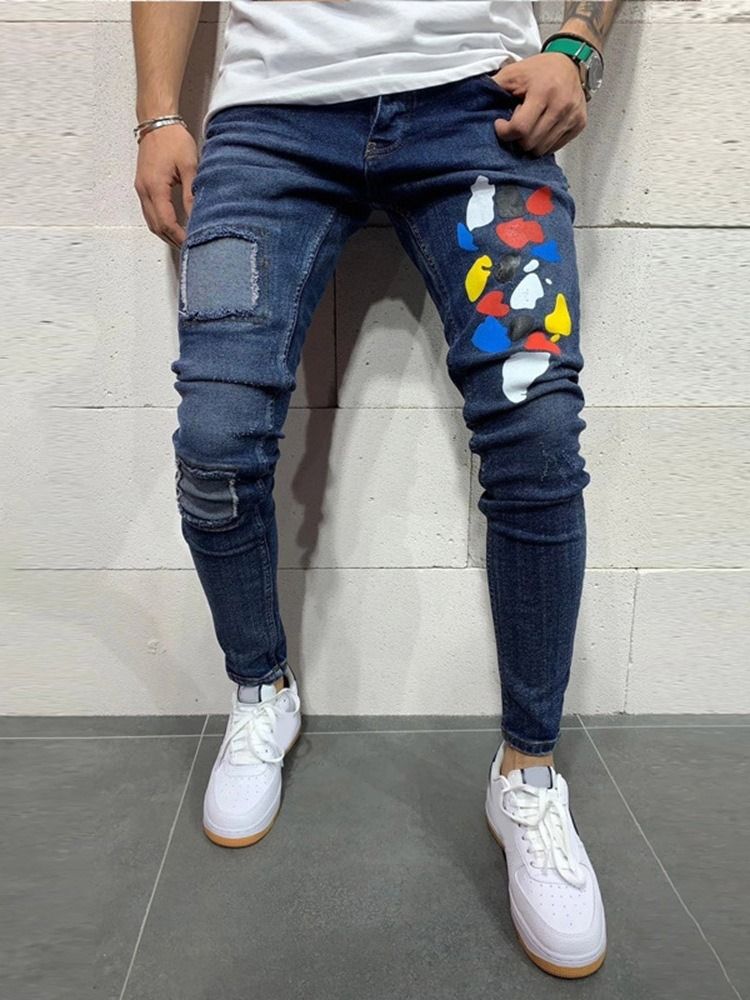 Print Color Block Fashion Mid Waist Jeans