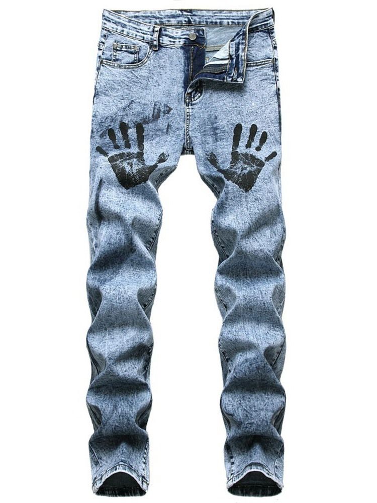 Print Europeiske Jeans Med Rett Glidelås