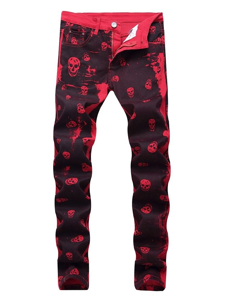 Print Skull Straight Zipper Casual Jeans