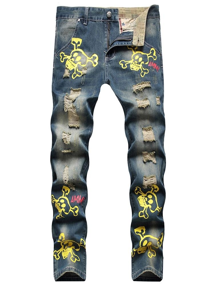 Print Straight Hip Hop Zipper Jeans