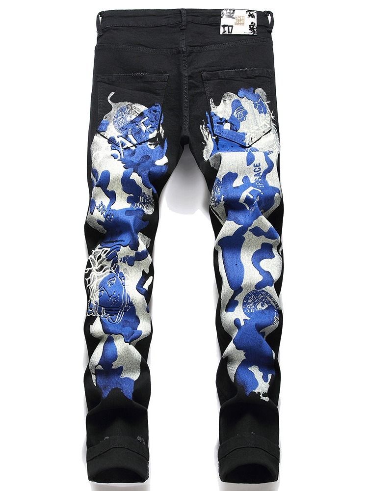 Print Straight Letter Glidelås Mid Waist Jeans