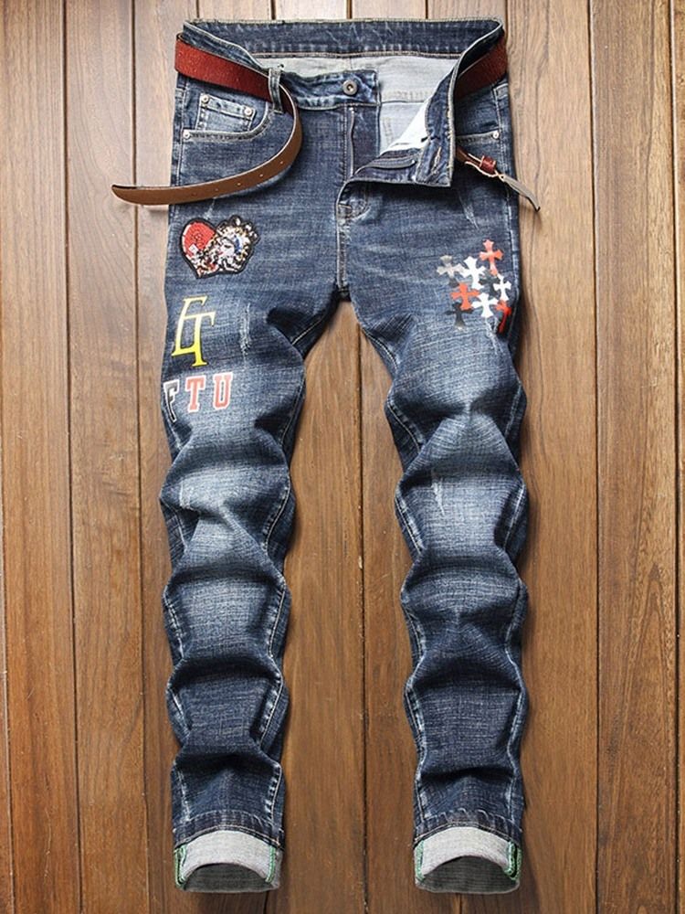 Print Straight Mid Waist Casual Jeans