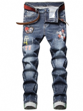 Print Straight Mid Waist Casual Jeans