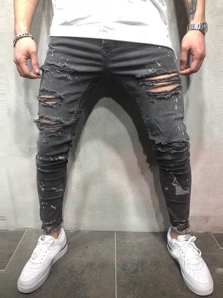 Rippede Jeans Med Ensfarget Midje For Menn