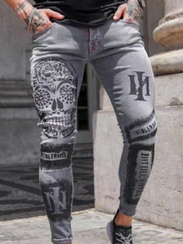 Skull Glidelås Blyantbukser Glidelås Herre Casual Jeans