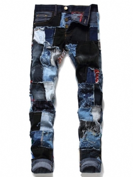 Straight Patchwork Color Block Jeans Med Midt Midje Knapp