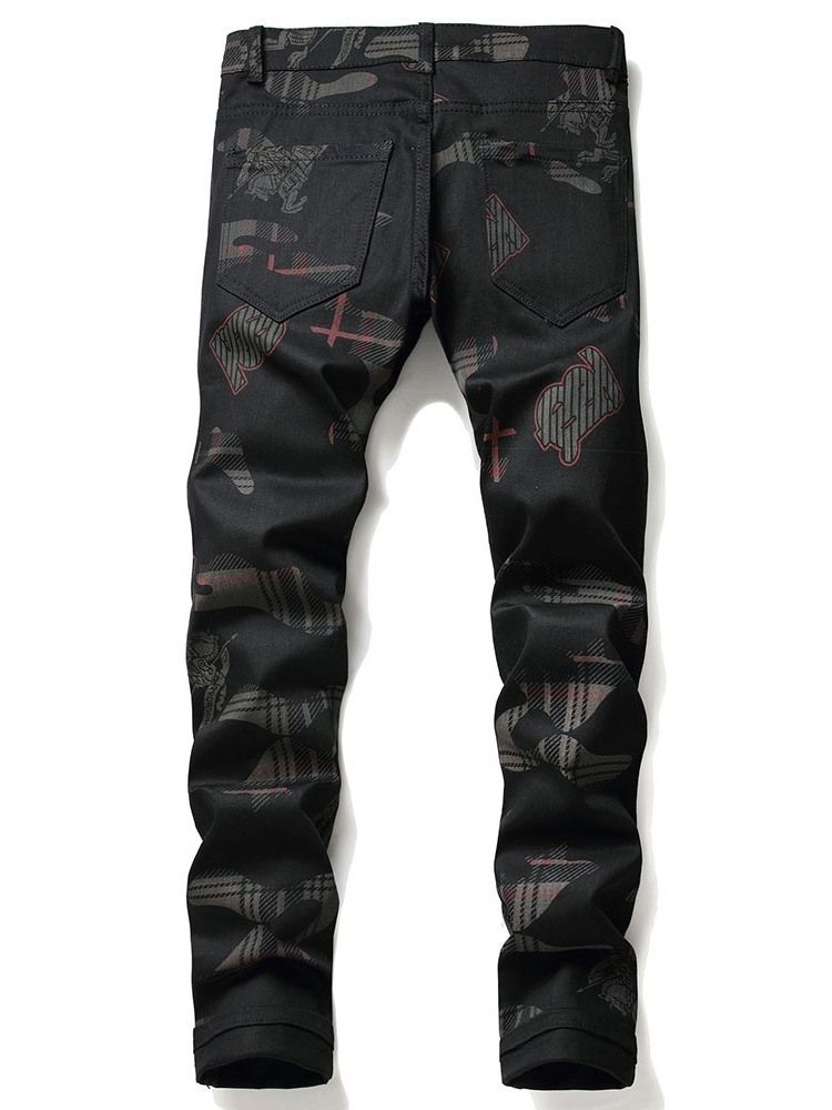 Straight Print Glidelås Mid Waist Jeans