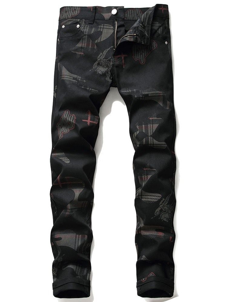 Straight Print Glidelås Mid Waist Jeans