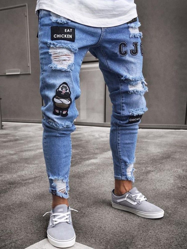 Thin Hole Mid Waist Jeans For Menn