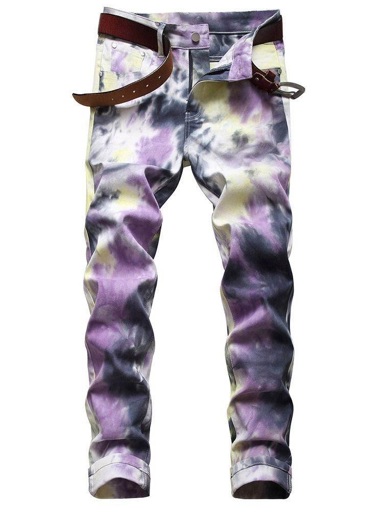 Tie-Dye Straight Zipper Mid Waist Jeans