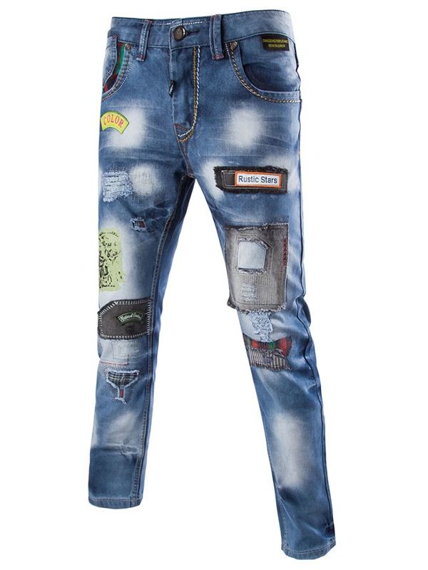 Uformell Street Style Patchwork Denim Jeans For Menn