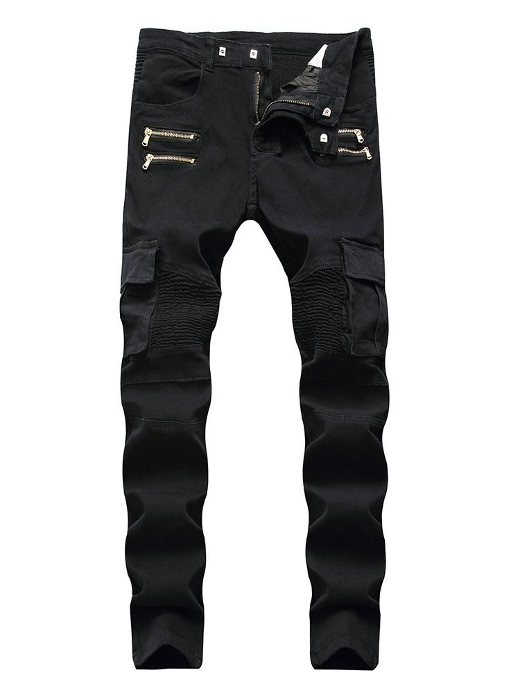 Vanlig Plissert Glidelås Mid Waist Menns Jeans