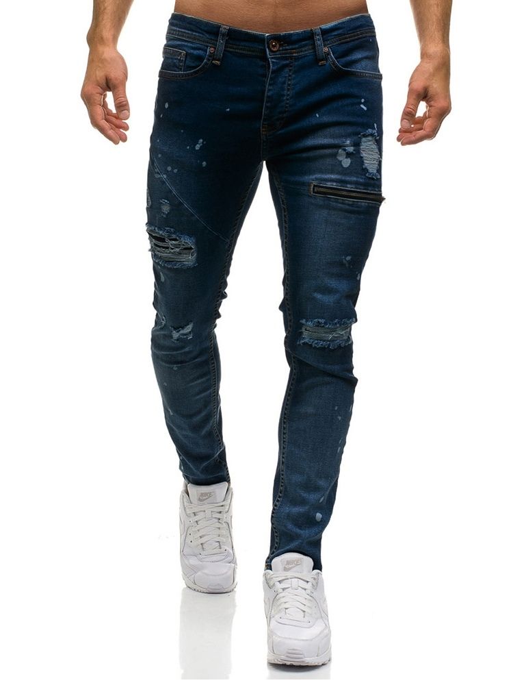 Vanlige Uelastiske Slitte Menns Uformelle Rippede Jeans