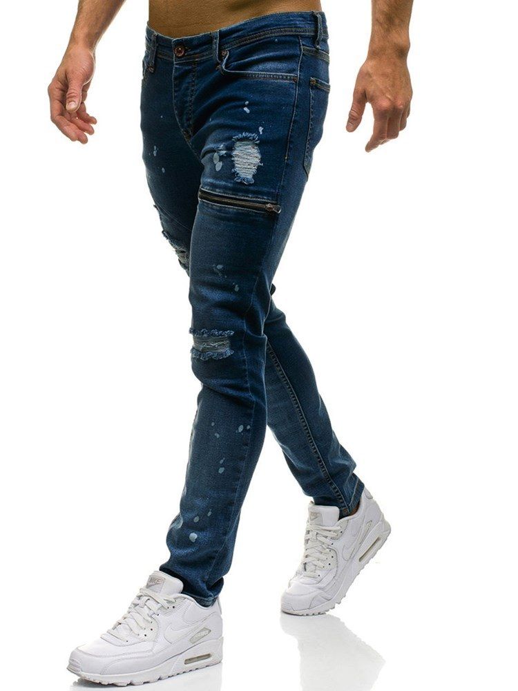 Vanlige Uelastiske Slitte Menns Uformelle Rippede Jeans