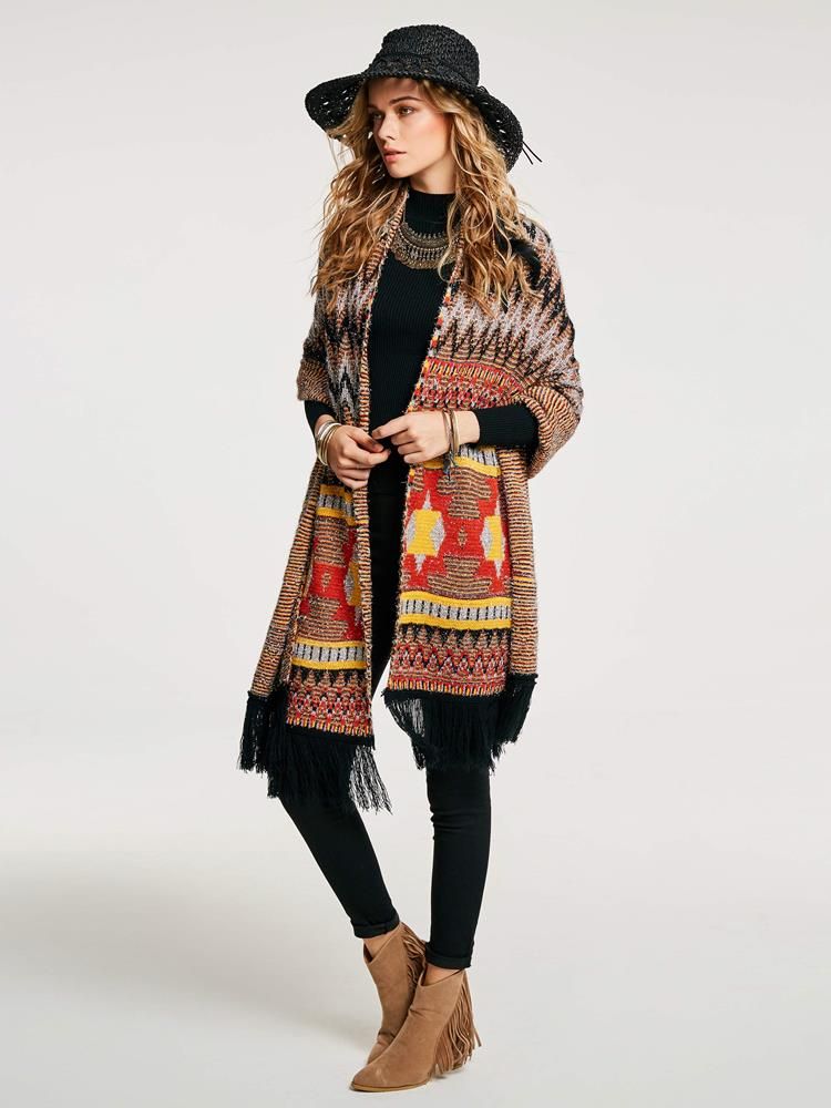 Geometrisk Tassel Patchwork Cape